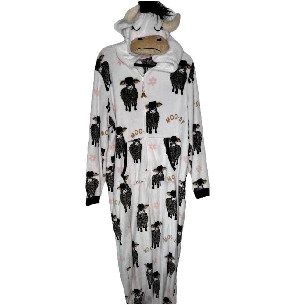 Holiday Time Cow Union Suit Pajama 2X/18-20 Hood White Moo-dy Fleece Costume
